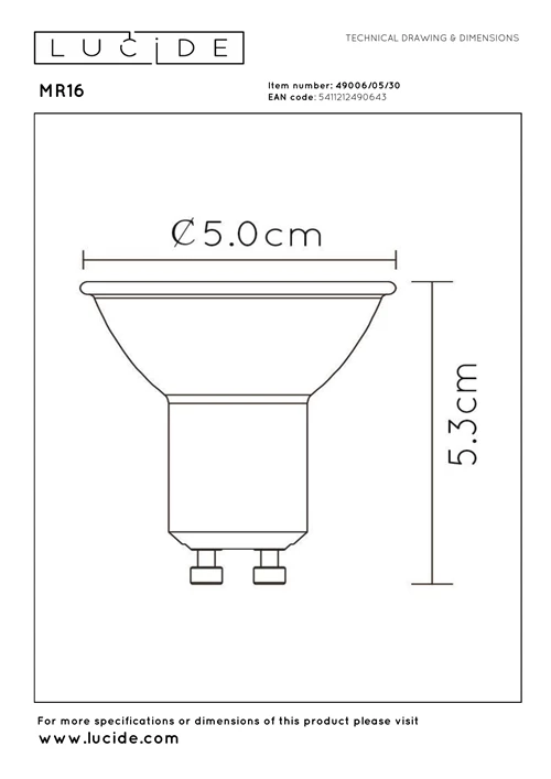 Lucide MR16 - Led Lampe - Ø 5 cm - LED Dim. - GU10 - 1x5W 3000K - Schwarz - technisch